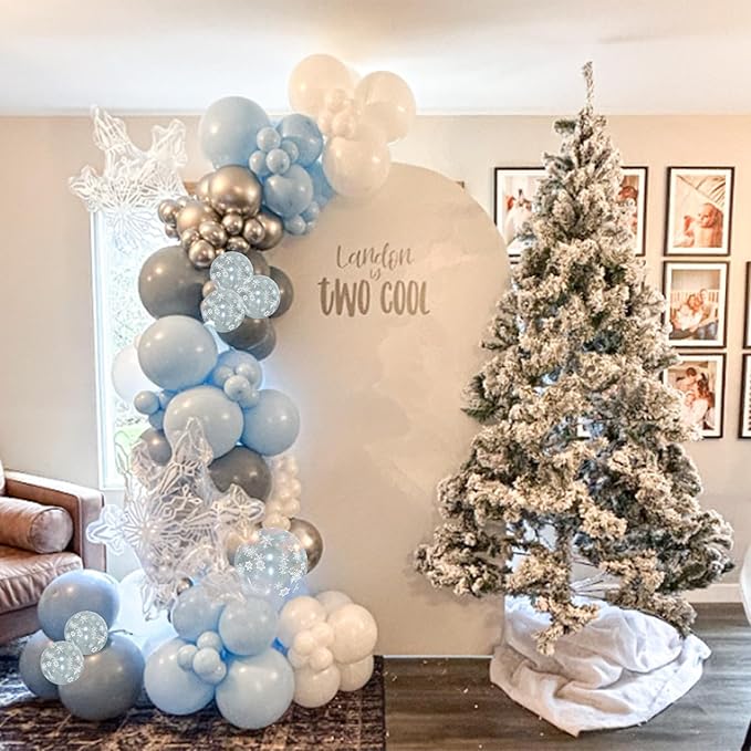 Blue Winter Wonderland Balloons, 60 PCS 12 Inch Dusty Light Baby Blue White and Silver Balloon Snowflake Balloons for Boy Baby Shower Winter Christmas Holiday Birthday Party Decorations