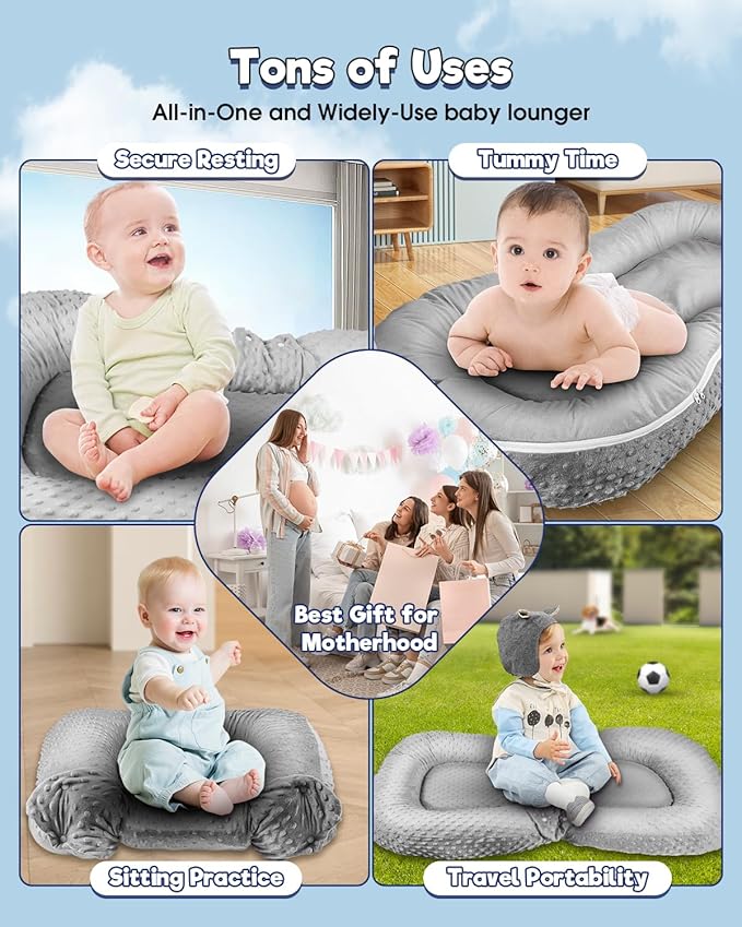 Baby Lounger Pillow : 2-in-1 Infant Lounger for Newborn 0-48 Months, Portable Tummy Time Mat for Home and Travel, Breathable & Soft Baby Seat for Baby, Babies Essentials Gifts