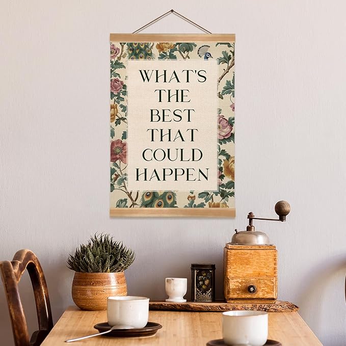 ZTGDA Inspirational Vintage Floral Wall Art –What’s the Best That Could Happen,Quote Linen Canvas Poster, Motivational Hanging Wall Decor for Office, Bedroom, Therapy Room or Study Decor(Happen)