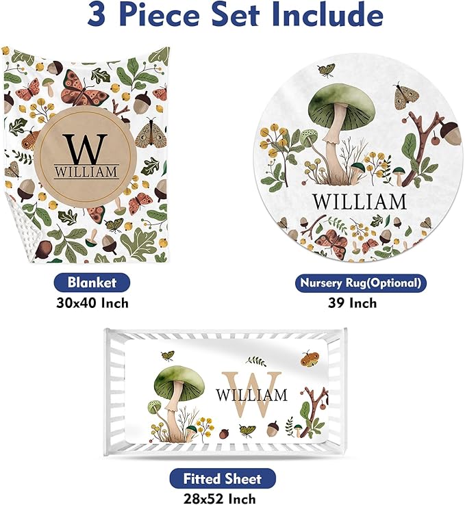Custom Baby Crib Bedding Set - Mushroom Design Personalized Name Baby Nursery Bedding 3 Pcs Set - Chic Soft Blanket, Fitted Sheet, Room Rug for Newborns Boys Girls Gifts