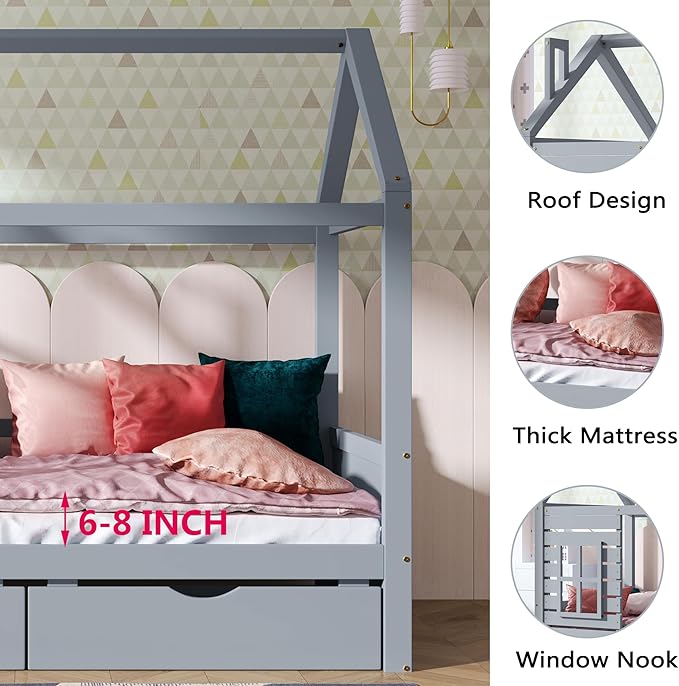 Aoowow Twin Size Kids House Bed with 2 Drawers, Wooden Twin Bed Frame with Window and Roof for Bedroom, Modern Twin Size Kid Playhouse Bed with Slats for Boys Girls, Can be Decorated, Grey