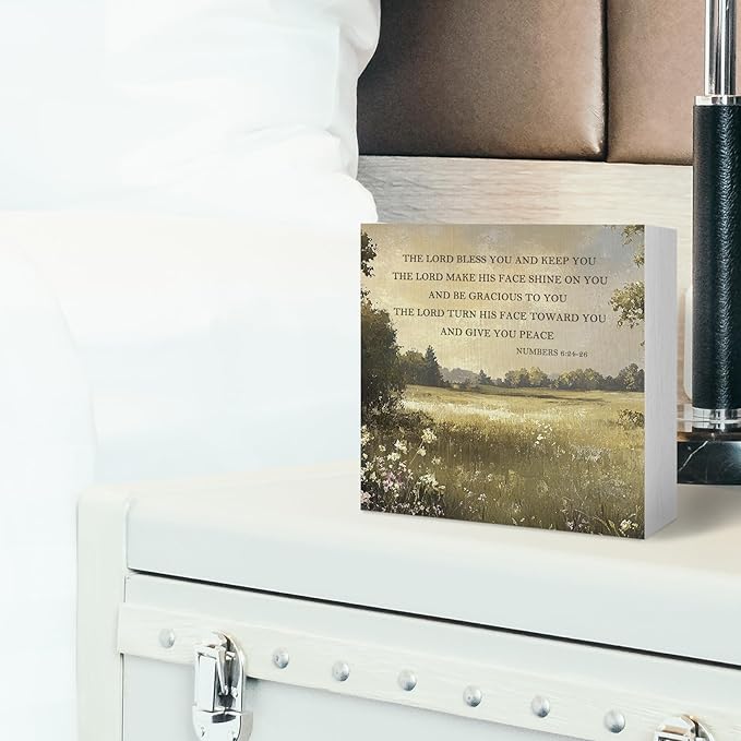 Christian Inspirational Wood Box Sign - Religious Gifts Desk Shelf Decor, Christian Table Decor, The Lord Bless You Bible Verse Wooden Block Plaque Box Sign for Home Room Table Decorations