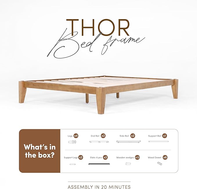 Thor Premium Solid Wood Bed Frame Queen, Platform Bed, Japanese Joinery Bed Frame, Wood Slat Support, No Box Spring Needed, Easy Assembly, Minimalist & Modern Style (Light Brown)