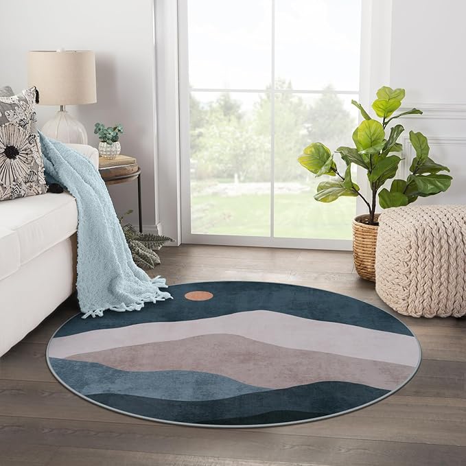 3ft Abstract Round Rug,Boho Washable Non-Slip Mountain Rugs for Entryway,Soft Ultra-Thin Small Indoor Throw Rugs for Bedroom/Bathroom/Laundry Room/Kitchen (Blue)