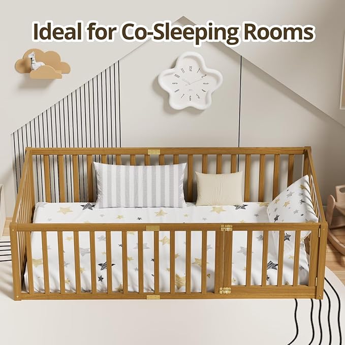 LLS Twin Size Floor Bed with 21.6" High Fence for Kids Boys Girls, Solid Wood Multifunctional Montessori Bed Frame with Door, Without Slats, Light Espresso