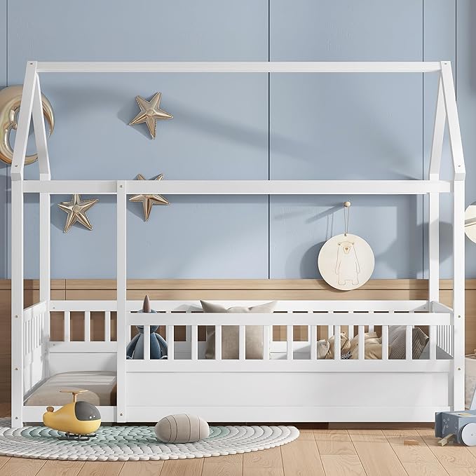Twin Size House Bed with High Fence for Kids,Twin Floor Bed Frame, Kids Montessori Bed Twin Size,Solid Wood House Bed Frame for Boys,Girls,White