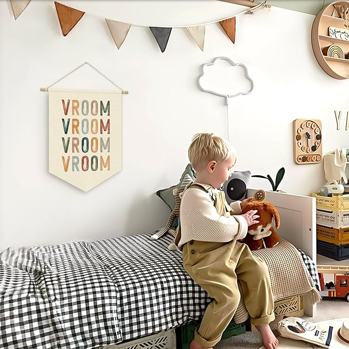 Racing Party Pennant Flag Decorations, Cars Birthday Party Decorations, Boho Vroom Wall Hanging Pennant Flag Decor for Nursery Playroom