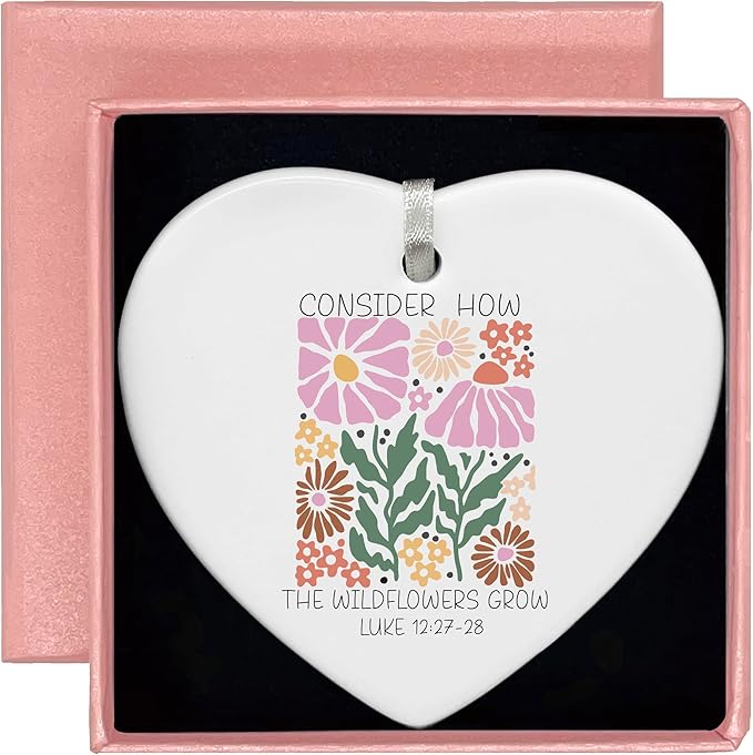 Heart Shaped Christmas Ornament-Christian Scripture Bible Verse Gift for Women Girls-Inspirational Affirmation Consider How The Wildflowers Grow Religious Ceramic Keepsake Decor
