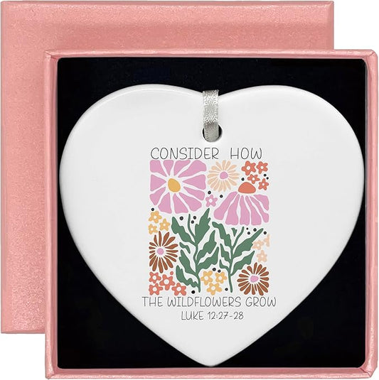Heart Shaped Christmas Ornament-Christian Scripture Bible Verse Gift for Women Girls-Inspirational Affirmation Consider How The Wildflowers Grow Religious Ceramic Keepsake Decor