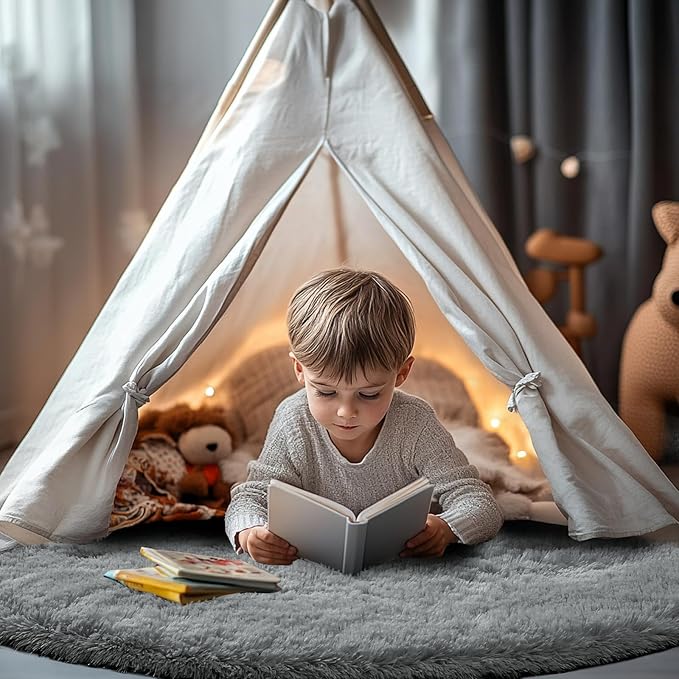 CAIYUECS Grey Round Rug for Bedroom: 4x4Feet Soft and Fluffy Area Rug for Living Room- Circle Fuzzy Bedroom Rug- Oval Furry Plush Rug for Kids Room, Nursery (4ft, Grey)