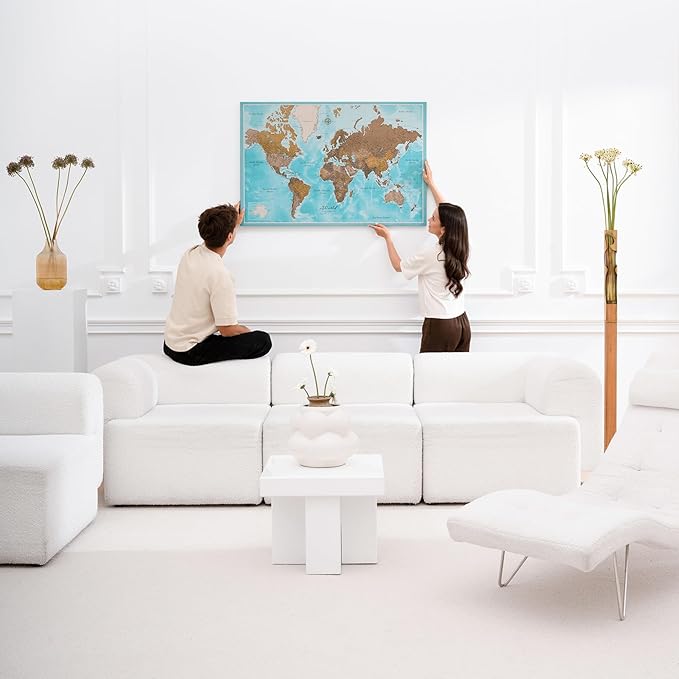 Canvas World Map with Cork Pin Board - English Lettering - Decorative Wall Decoration for All Rooms - Canvas Pictures with World Map Motif (90x60 cm, Pattern 10)