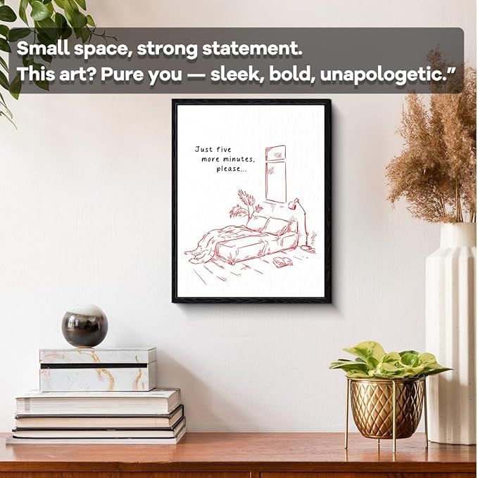Sleep Quote Wall Art, just five more minutes message, minimalist line art wall decor, matte finish framed canvas print, bedroom humor poster artwork, for night owls gift, 12x15 inch