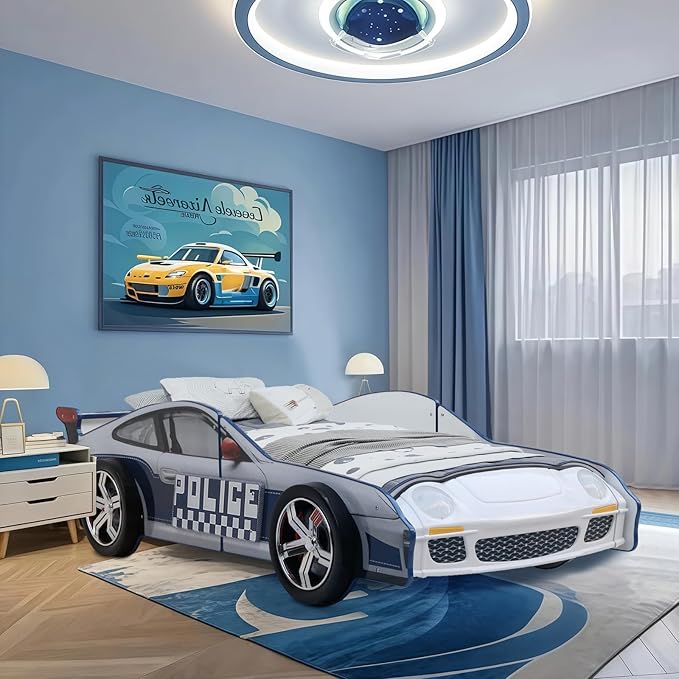 LKTART Twin Size Car Bed for Kids, Police Car-Shaped Wooden Platform Bed Frame with LED Lights, Headboard Wheels and Support Slats for Boys Toddlers Child's Bedroom (Blue)