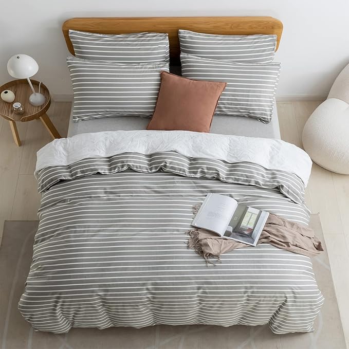 JELLYMONI Twin Duvet Cover Set, Cotton Duvet Cover 2 Pieces with Zipper Closure, 1 Duvet Cover and 1 Pillowcase(Gray with White Striped)