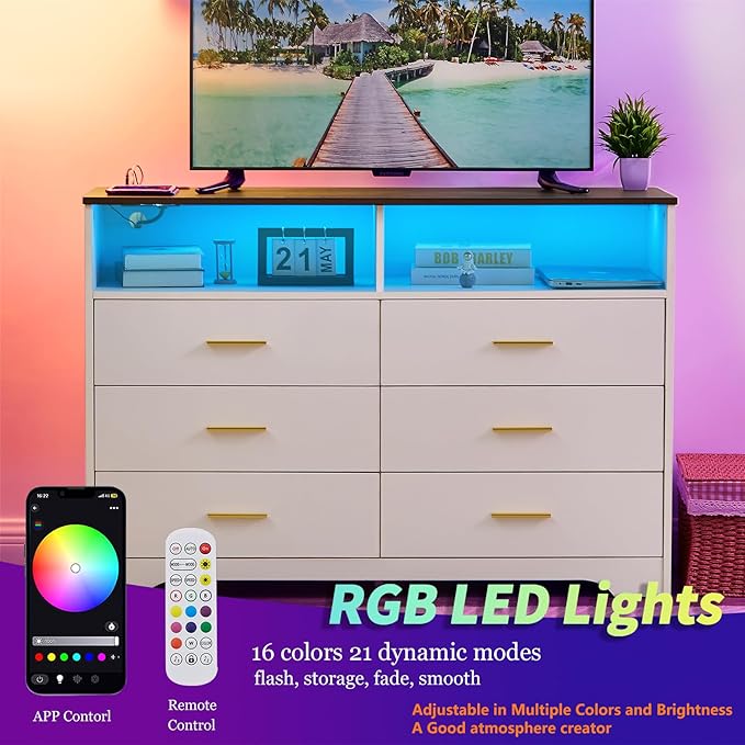 LIDYUK White Dresser for Bedroom, 6 Drawer Dressers & Chests of Drawers, Modern Wood Dresser with Charging Station and LED Lights, 48 Inches Wide Chest of Drawers for Bedroom, Hallway, Living Room