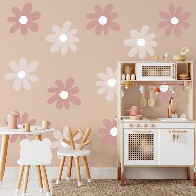 TaoBary 12 Sheets Daisy Wall Decal Flower Wall Sticker Cute Daisy Sticker Pink White Flower Decal Peel and Stick Floral Wallpaper for Nursery Bedroom Home Decor(Grey Color,Simple Style)