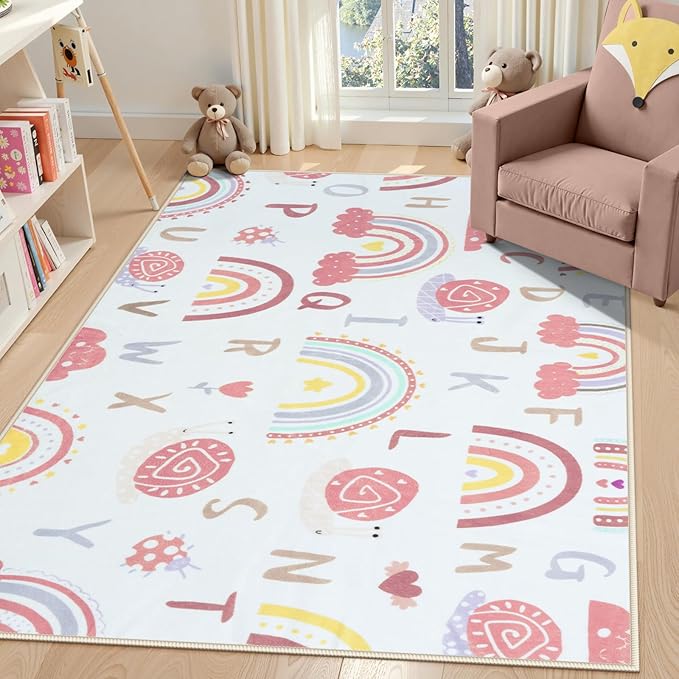 LIVEBOX Rainbow Kids Rug-5x7 Playroom Nursery ABC Educational Carpet,Washable Non Slip Soft Low Pile Area Rug for Bedroom,Preschool Classroom(Pink)