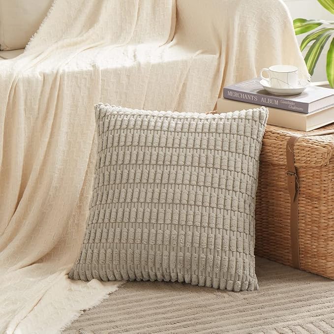 Fancy Homi 2 Packs Taupe Decorative Throw Pillow Covers 16x16 Inch for Living Room Couch Bed Sofa, Rustic Farmhouse Boho Home Decor, Soft Striped Corduroy Square Cushion Case 40x40 cm