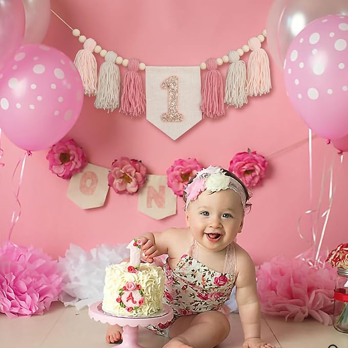 Handmade Boho Pink 1st Birthday High Chair Banner First Highchair Banner For Baby Girls Wall Hangings Wood Bead Tassel Garland 1 Birthday Party Decorations Cake Smash Photo Props