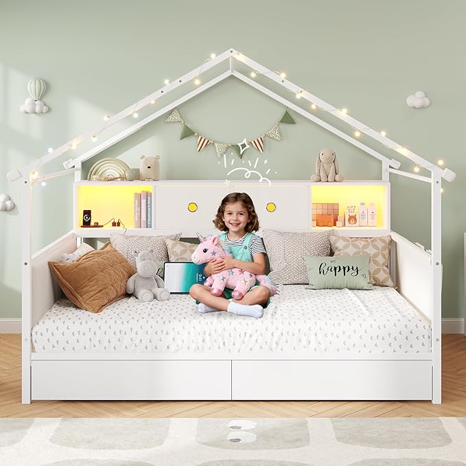 DICTAC Twin Corner Bed Frame with Storage Bookcase,Charging Station and Upholstered Headboard House Shaped Twin Size Bed Frame with 2 Storage Drawers,RGB LED and Globe Lights,Kid twin House Beds,White