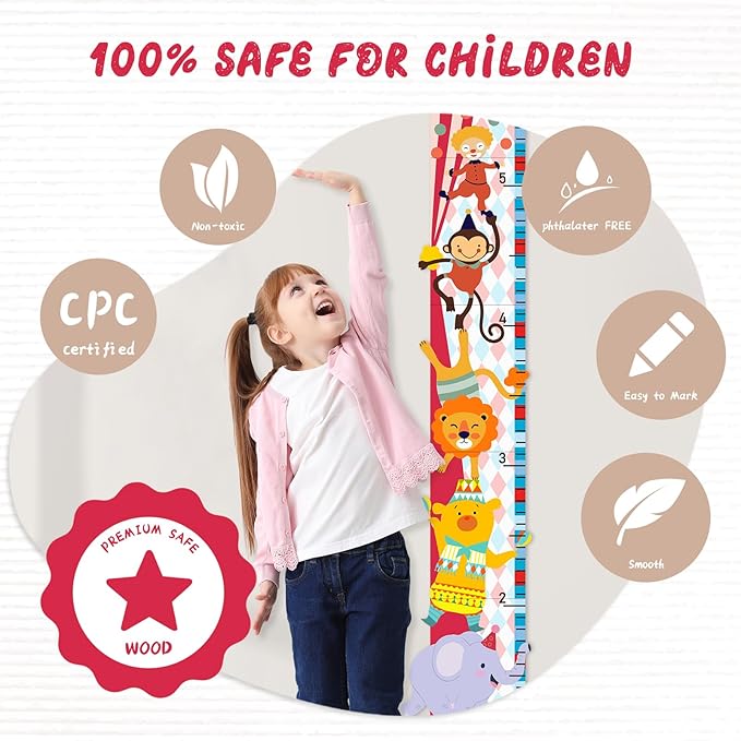 Personalized Growth Chart for Wall, Circus Animals Height Measurement for Kids, Wooden Growth Chart for Kids Room Nursery Wall Decor