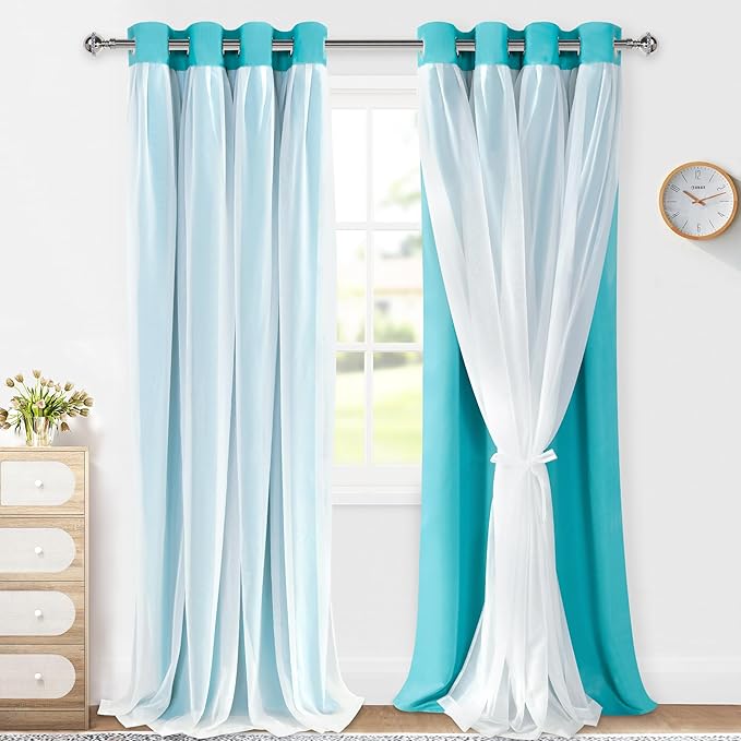 XWZO 100% Blackout Curtains with Sheer Overlay, Double Panel Grommet Thermal Insulated Privacy Curtains with Black Liner for Bedroom, Living Room, 2 Panels with Tiebacks, 52x108, Turquoise