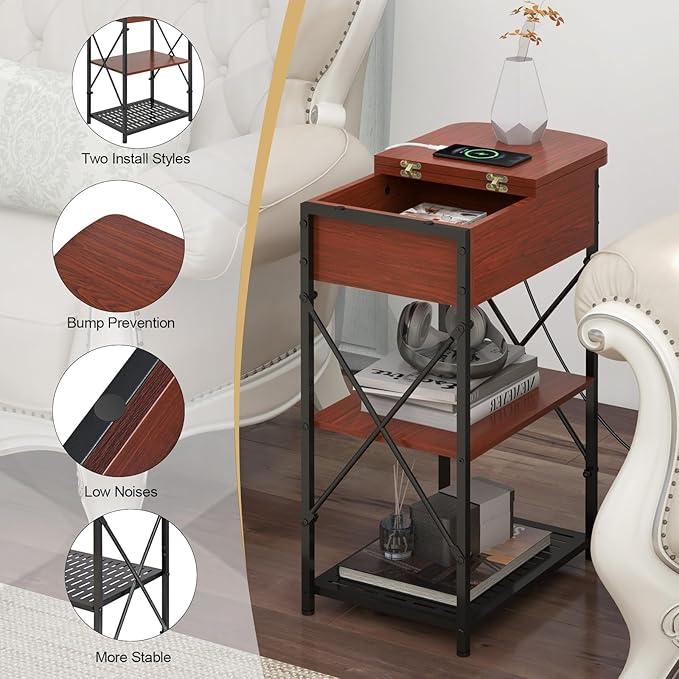 Livofloral Narrow Side Table with Charging Station, End Table with 3 USB Ports and 2 AC Outlets, Flip Top End Table with Storage, End Tables Living Room, Nightstand with Drawer for Bedroom, Cherry