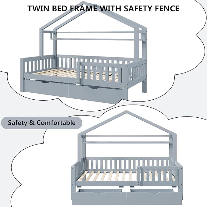 Aoowow Twin Size House Bed with Storage Drawers and Shelf,Kids Wooden Bed Frame Twin Platform Bed with Slats and Fence for Boys Girls Teens for Bedroom(Grey)