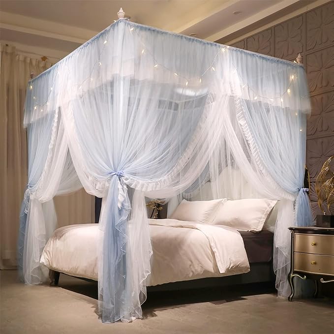 VETHIN 4 Corners Post Ruffle Princess Bed Canopy Curtain-Double Layer Cozy Drape Netting 4 Opening Mosquito Net for Girls Adults Bedroom Decoration (Gray/White,64" W*82" L*82"*H/Queen)