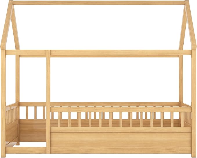 Twin Size House Bed with High Fence for Kids,Twin Floor Bed Frame, Kids Montessori Bed Twin Size,Solid Wood House Bed Frame for Boys,Girls,Natural