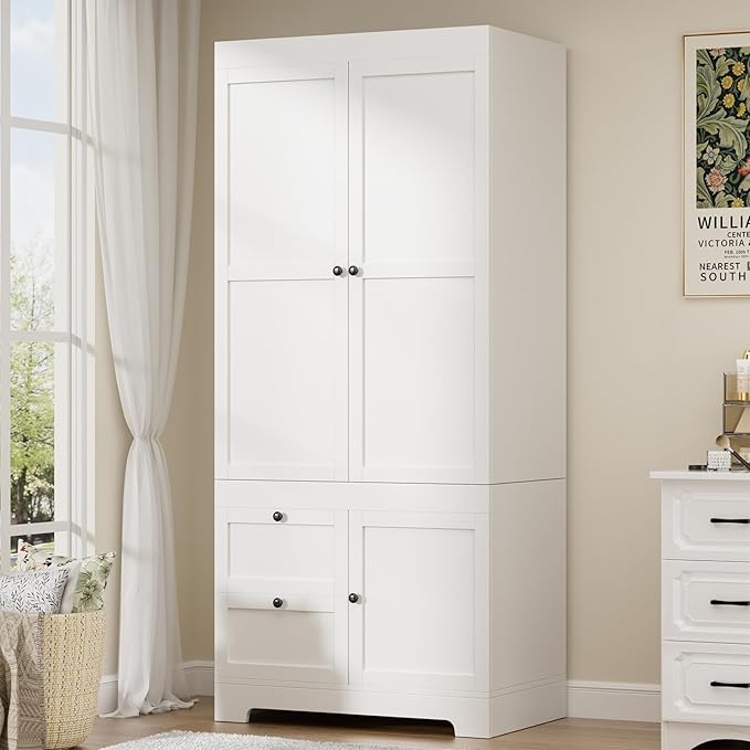 2 Doors Armoire Wardrobe Closet with 2 Drawers, Modern Modular Closet Wardrobe Cabinet with Shelves and Hanging Rod, Freestanding Wooden Armoire for Bedroom, White