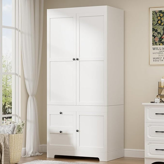 2 Doors Armoire Wardrobe Closet with 2 Drawers, Modern Modular Closet Wardrobe Cabinet with Shelves and Hanging Rod, Freestanding Wooden Armoire for Bedroom, White