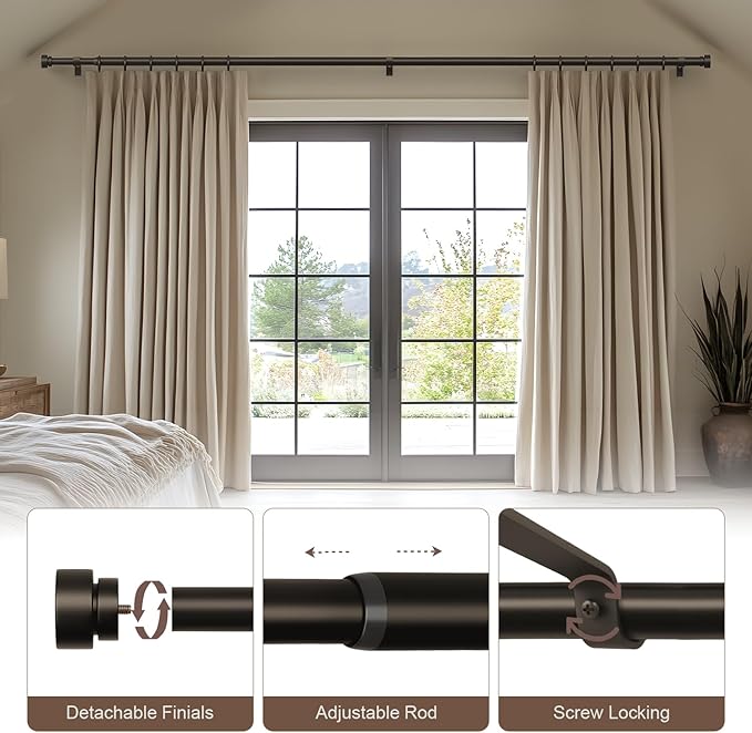 2 Pack Modern Brown Curtain Rods Set for Windows 48 to 84 Inches Adjustable Length Heavy Duty 1" Diameter Window Curtain Rod with Decorative Finials for Outdoor Bedroom Kitchen Living Room