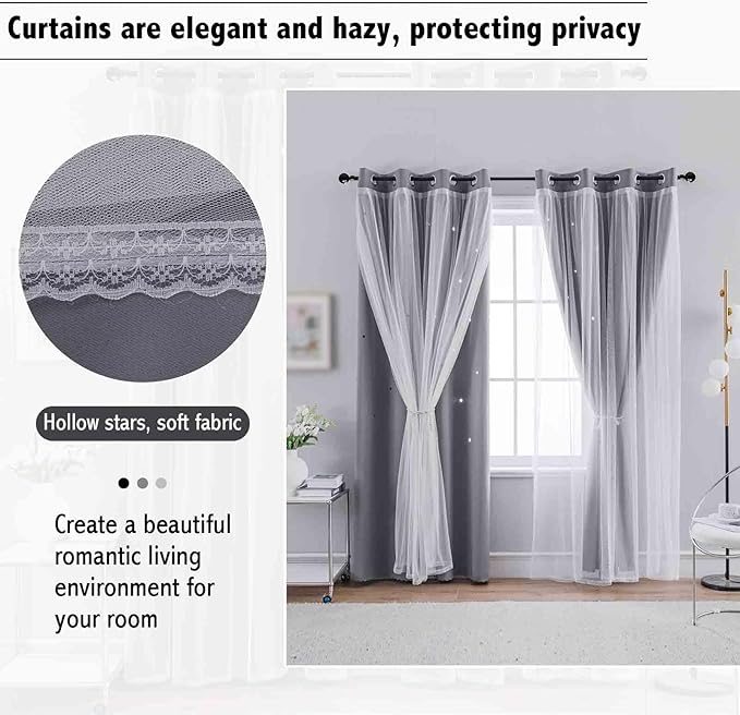 Anytime 2 Panels Star Blackout Curtains for Girls Kids Baby Bedroom Window Curtain Double Layer Star Cut Out Living Room Decor Wall Home Decorations Curtain（W52 x L95,Grey）