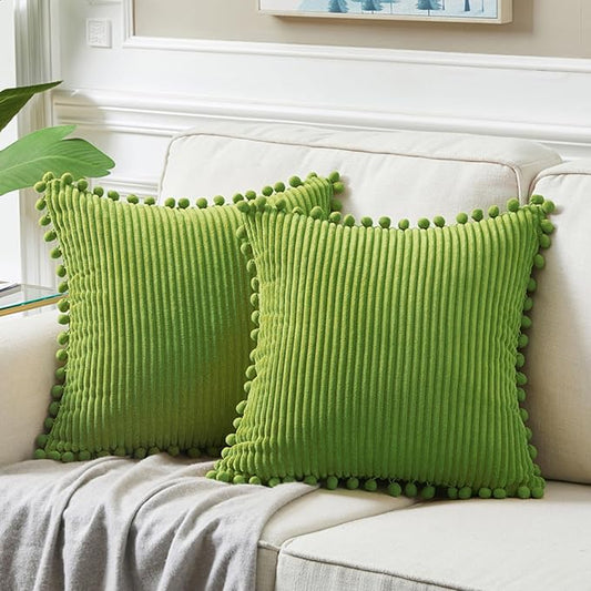 Fancy Homi Pack of 2 Lime Green Decorative Throw Pillow Covers with Pom-poms, Soft Corduroy Solid Square Cushion Cases Set for Couch Sofa Bedroom Car Living Room (20x20 Inch/50x50 cm, Lime Green)