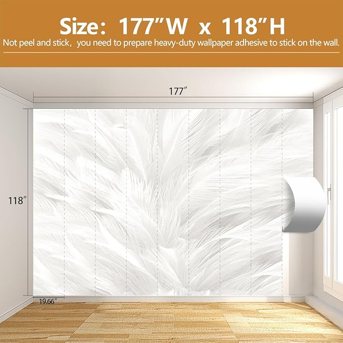 Feather Wallpaper Mural Elegant Gray and White Mural Wallpaper for Living Room Bedroom （Not Peel and Stick）