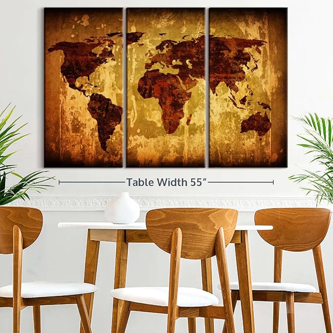 ElephantStock Vintage World Map Wall Art Multi Piece Canvas - 3 Piece Canvas World Map Wall Decor - Wall Decor - Ready-to-Hang Print - Vintage Wall Art - 57" X 36"
