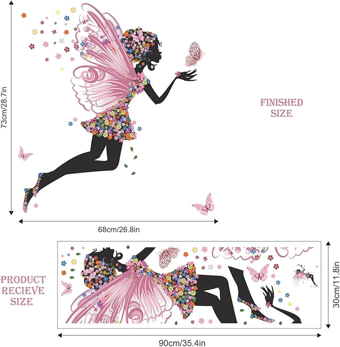 Supzone Butterfly Girl Wall Stickers - Flowers Fairy Wall Decal Removable Vinyl Art Stickers for Girls Baby Nursery Kids Bedroom Living Room Bathroom Decor Mural