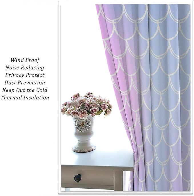 Fantasy Mermaid Curtain Rainbow Mermaid Scales Purple Pink Blue Ocean Theme Dream Blackout Window Treatment for Kids Boys Girls Bedroom Nursery Room Decor Rod Pocket Window Drapes 52x84in