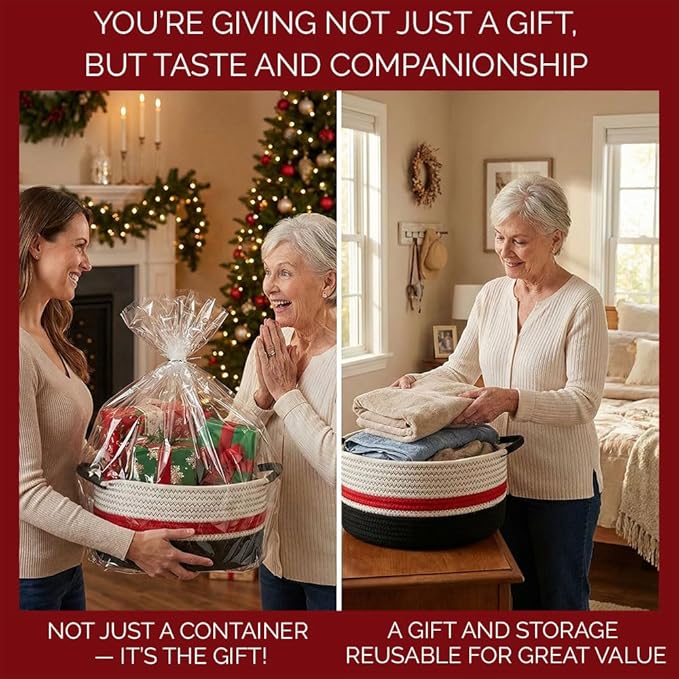 Yimi's Dream Cotton Rope Basket – Woven Gift Basket with Handles, Decorative Storage Basket for Christmas, Housewarming, Mother's Day, Shelf, Chest, Toys