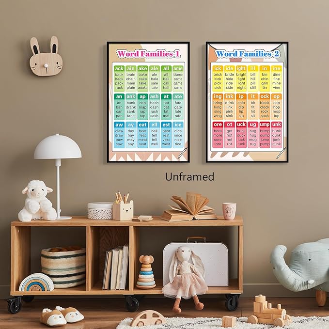 Set of 2 Word Families Posters Canvas, Educational Words Learning Charts for Toddlers 1-3, Kindergarten Nursery Classroom Learning Tools Educational Table for Kids 12x16in Framed