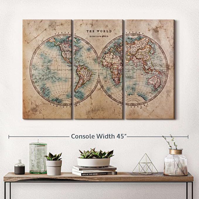 ElephantStock Hemisphere Map Wall Art Multi Piece Canvas - 3 Piece Canvas World Map Wall Decor -Wall Decor Print - Vintage Wall Art - 38" X 24"