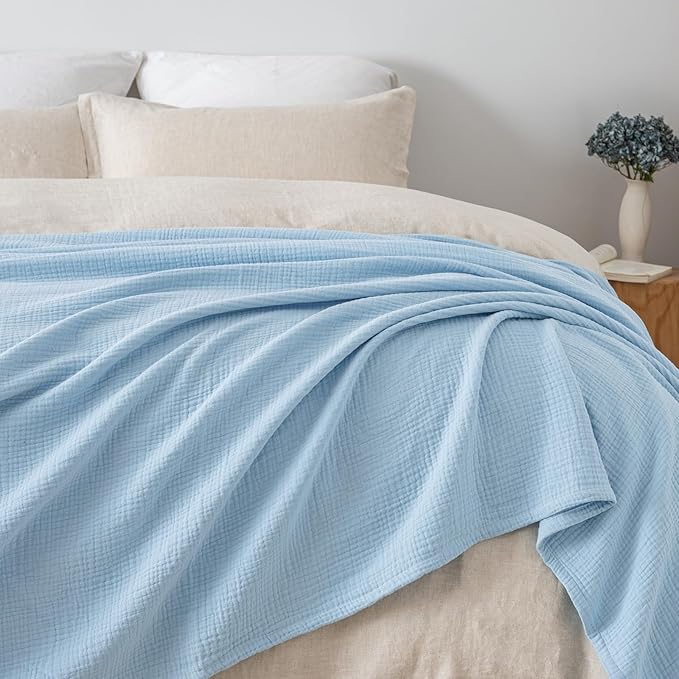 PHF 100% Cotton Muslin Blanket King Size 108"x90", 4-Layer Lightweight Gauze Throw, Breathable Cloud-Soft Minimalist Blanket for Bed, Couch, Camping & Baby, Sky Blue, Ideal Gift