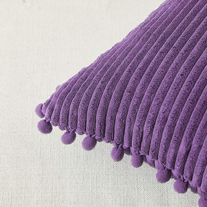 Fancy Homi Pack of 2 Purple Boho Decorative Throw Pillow Covers with Pom-poms, Soft Corduroy Solid Square Cushion Cases Set for Living Room Couch Sofa Bedroom Car (18x18 Inch/45x45 cm, Purple)