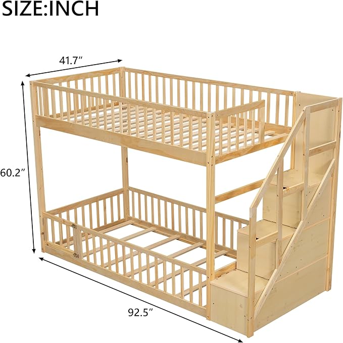 Twin Over Twin Floor Bunk Bed with Storage Staircase, Solid Wood Bunk Bed Frame with Full Length Fence-Shaped Guardrails for Kids Teens Adult Bedroom, Space Saving Design (Natural-Twin/Twin)
