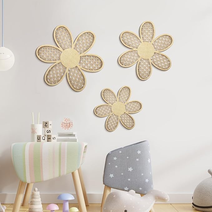Maitys 3 Pieces Boho Daisy Wall Decor Natural Rattan Flower Wall Hanging Art Wooden Boho Art Nursery Flowers Farmhouse Hanging Decor for Home Office Nursery(Wooden Color)