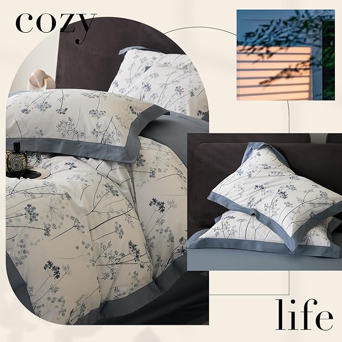 HighBuy Aesthetic Blue Floral Duvet Twin XL Girl Cozy Cotton Comforter Cover with Zipper Closure,Vintage Flowers Botanical Bedding Set Twin XL Luxury Cottagecore Duvet Cover Set for Kids Bed