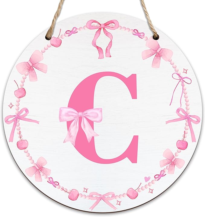Monogram Round Sign For Front Door, Cherry Bow Theme Sign For Porch Art Wall Door, Initial Signs Hanging Ornament For Indoor Outdoor, Decorations Gifts For Four Seasons Rustic Home Kitchen, C, A03