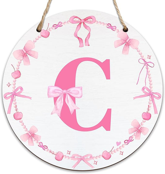 Monogram Round Sign For Front Door, Cherry Bow Theme Sign For Porch Art Wall Door, Initial Signs Hanging Ornament For Indoor Outdoor, Decorations Gifts For Four Seasons Rustic Home Kitchen, C, A03