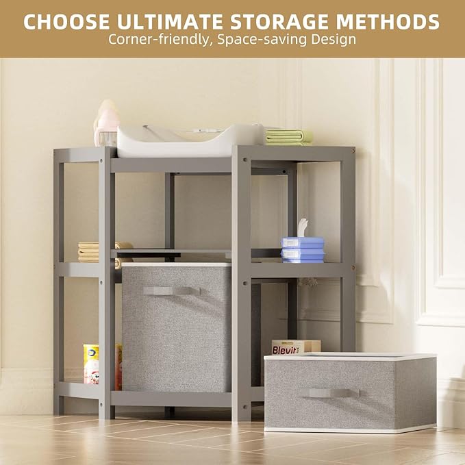 XJD Changing Table, Corner Baby Changing Table Dresser with 2 Storage Drawers, Diaper Changing Station with Pad for Nursery (Grey)